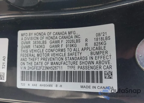 2022 Honda Civic Lx from USA, damaged, VIN 2HGFE2F23NH526711